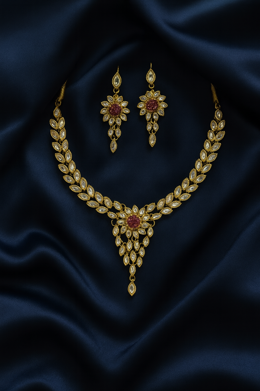 Scarlet Petal Polki Necklace Set-Ruvanya
