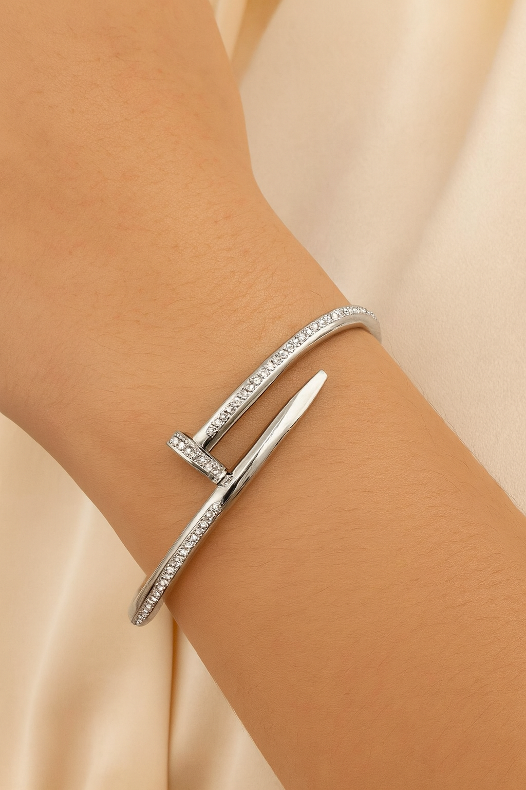 Silver Nail Bracelet With Crystal Accents