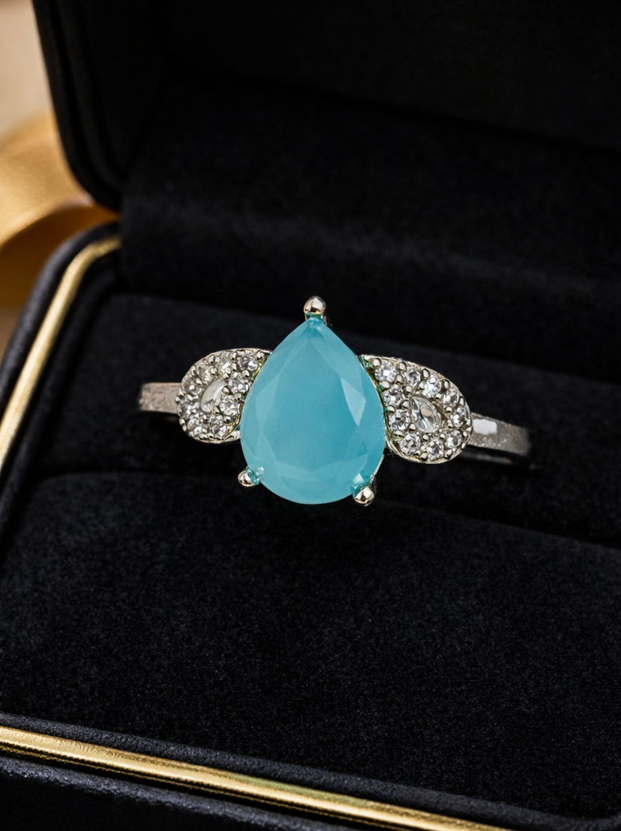 Aqua Teardrop Filigree Halo Ring