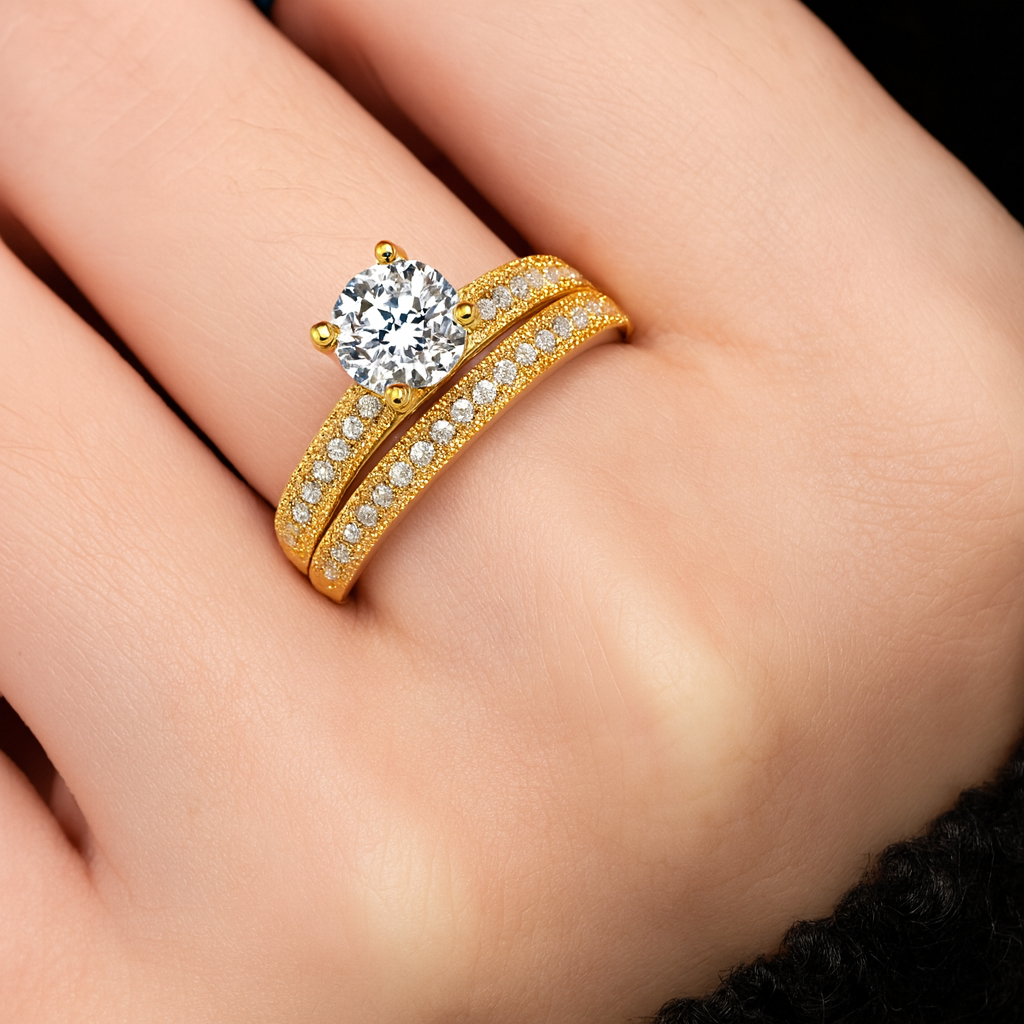 Couple Inlaid Zircon Gold Ring-Ruvanya