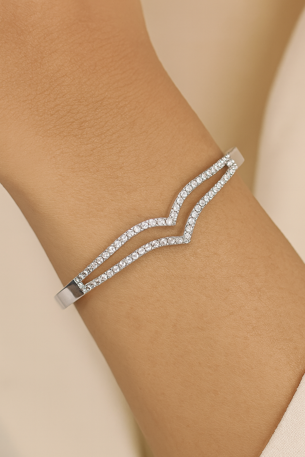 Silver Wave Bangle with Diamond Accents