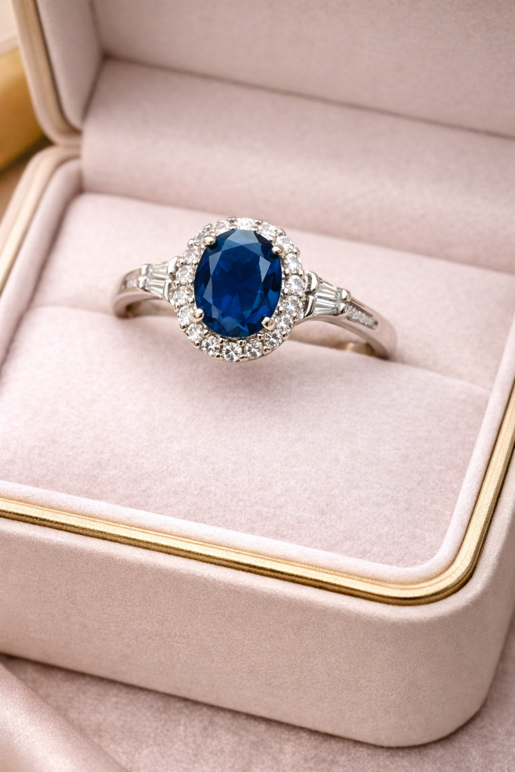Round Cut Royal Blue Sapphire Halo Ring with Diamond Accents
