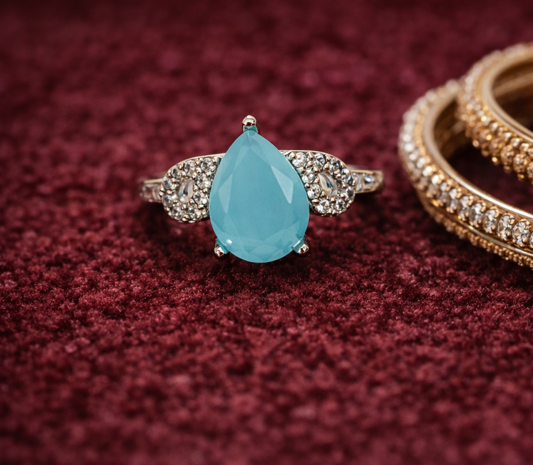 Aqua Teardrop Filigree Halo Ring