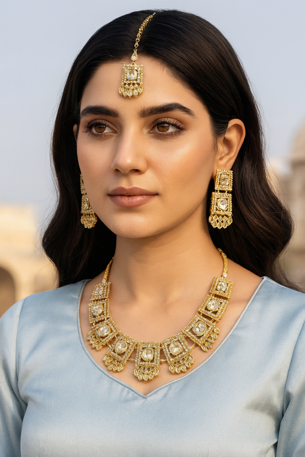Rectangular Kundan Choker Necklace Set-Ruvanya