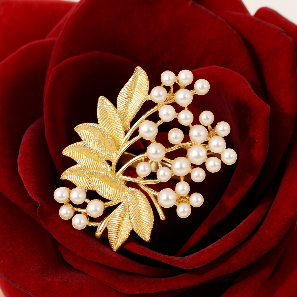 Imported Leaf Adjustable Ring With Pearls-Ruvanya