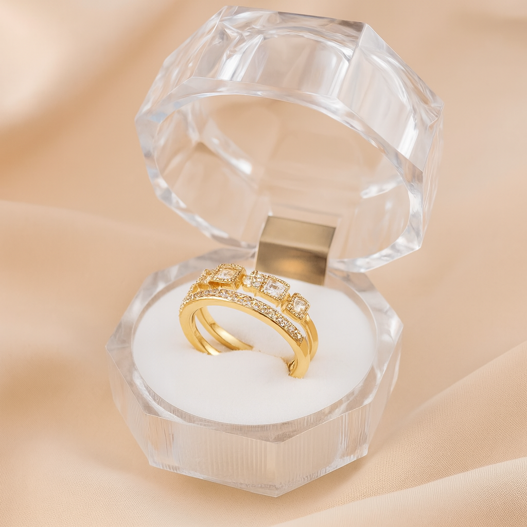 Imported Square Zircons Gold Plated Ring-Ruvanya