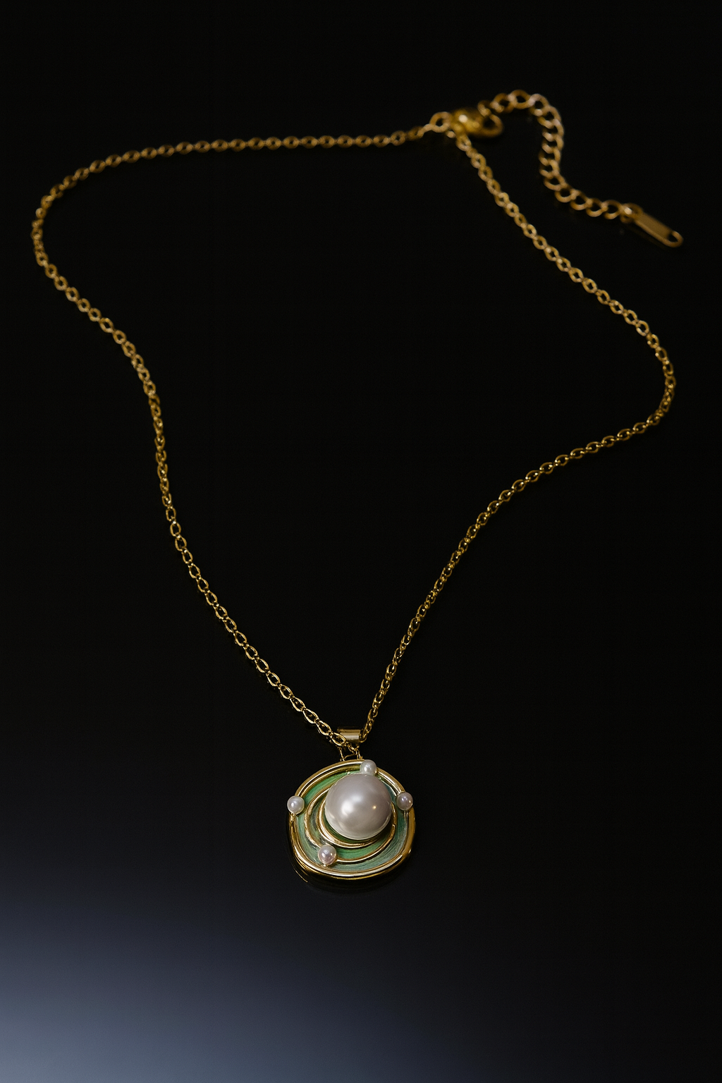 Ocean Pear Green Enamel Orbit Pearl Pendant