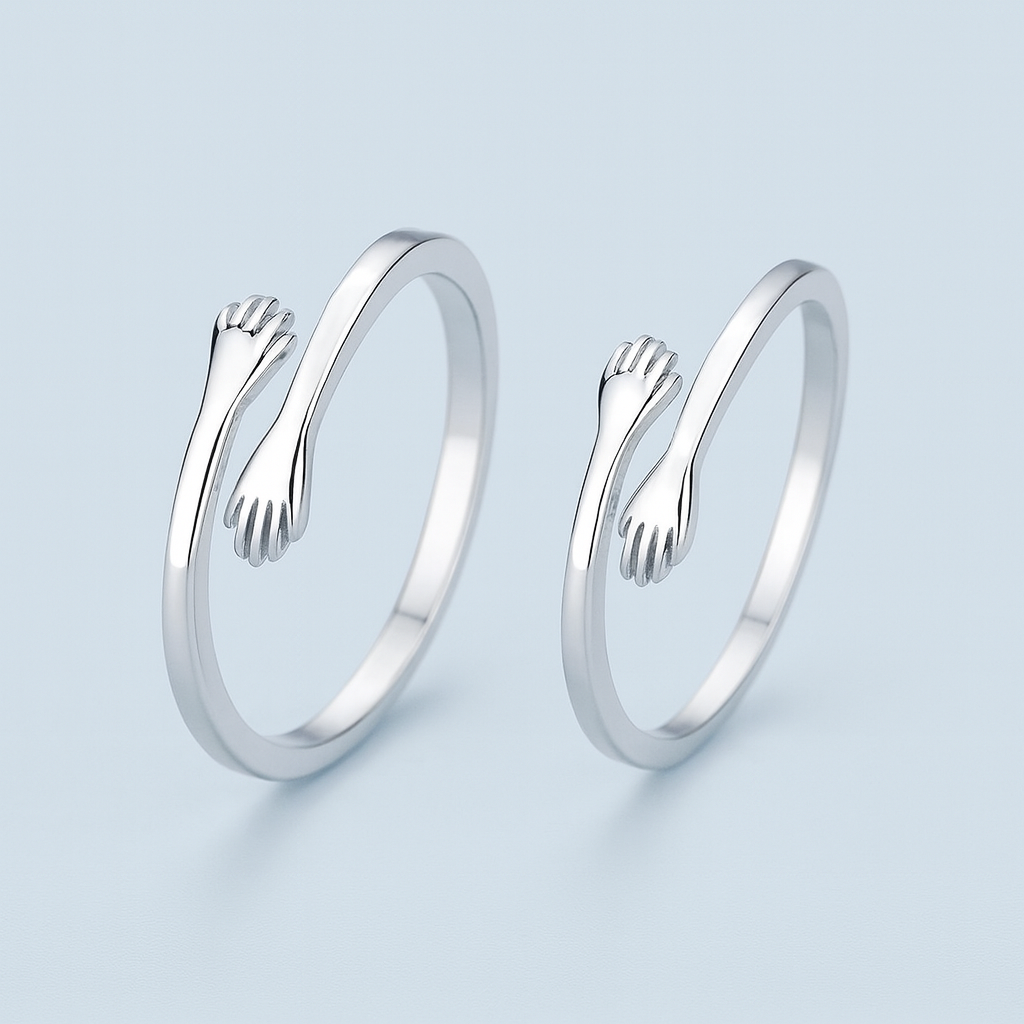 Silver Hug Hands Couple Rings-Ruvanya