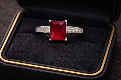 Luxury Red Stone Solitaire Ring with Zircon Band