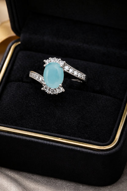 Aqua Blossom Oval Halo Ring