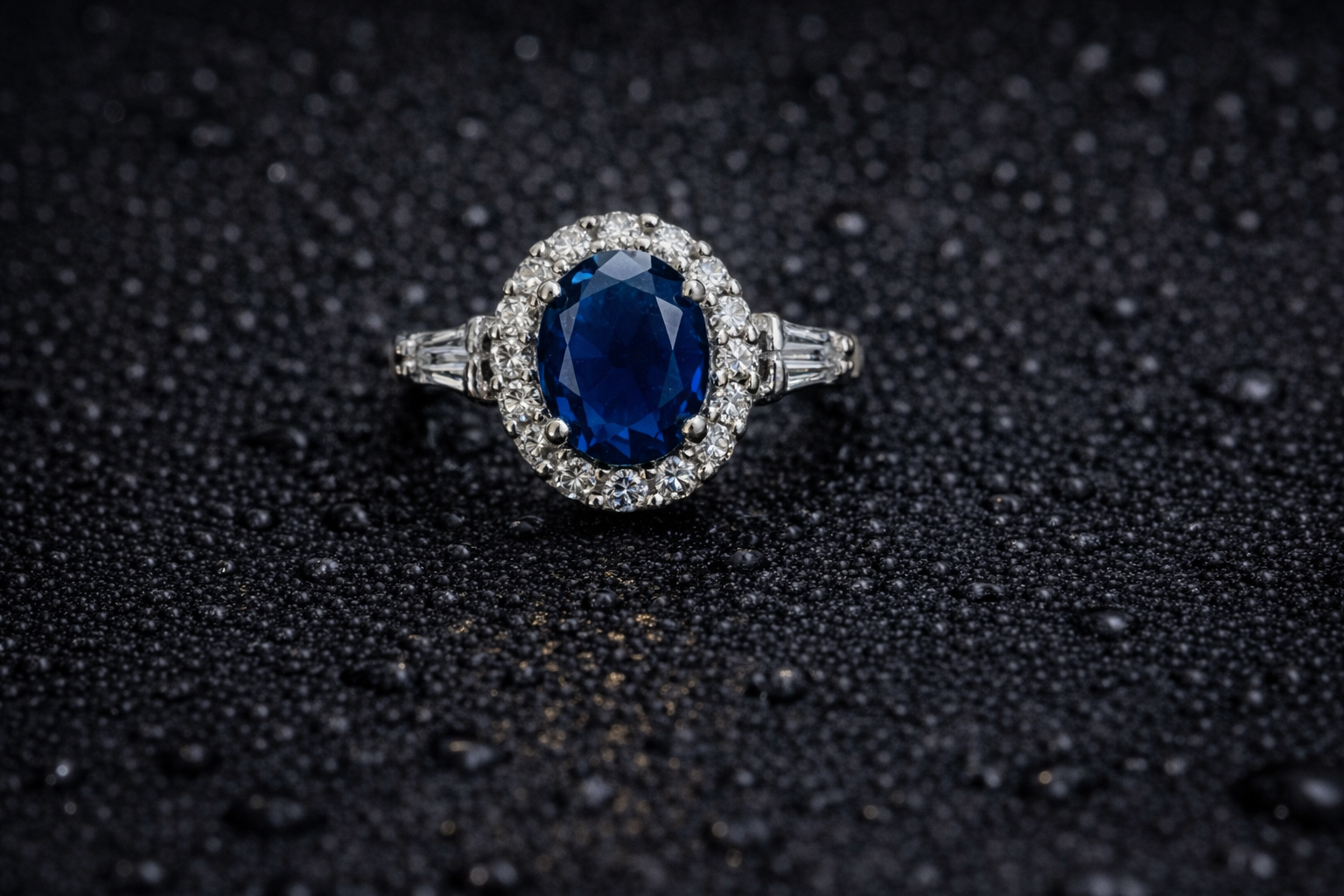 Round Cut Royal Blue Sapphire Halo Ring with Diamond Accents