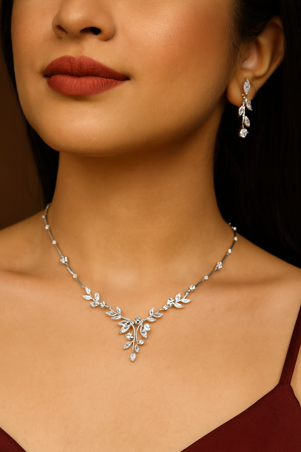 Crystal Leaf Drop Necklace Set-Ruvanya