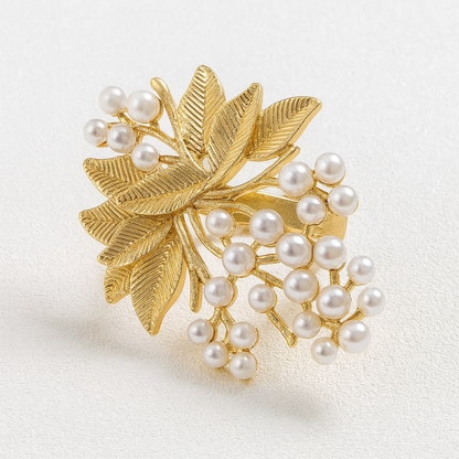 Imported Leaf Adjustable Ring With Pearls-Ruvanya
