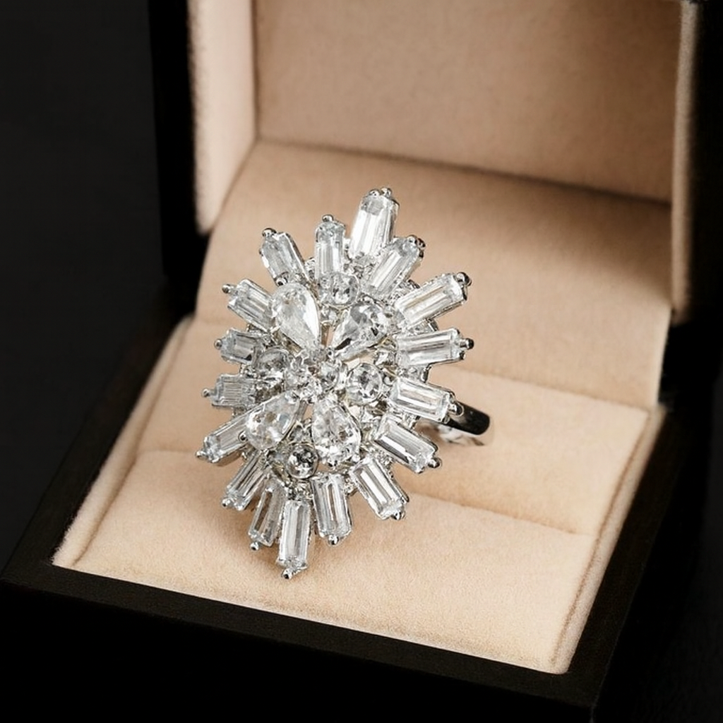 Elegant Floral Zircon Adjustable Silver Ring-Ruvanya