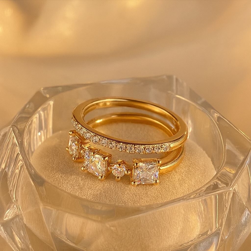 Imported Square Zircons Gold Plated Ring-Ruvanya