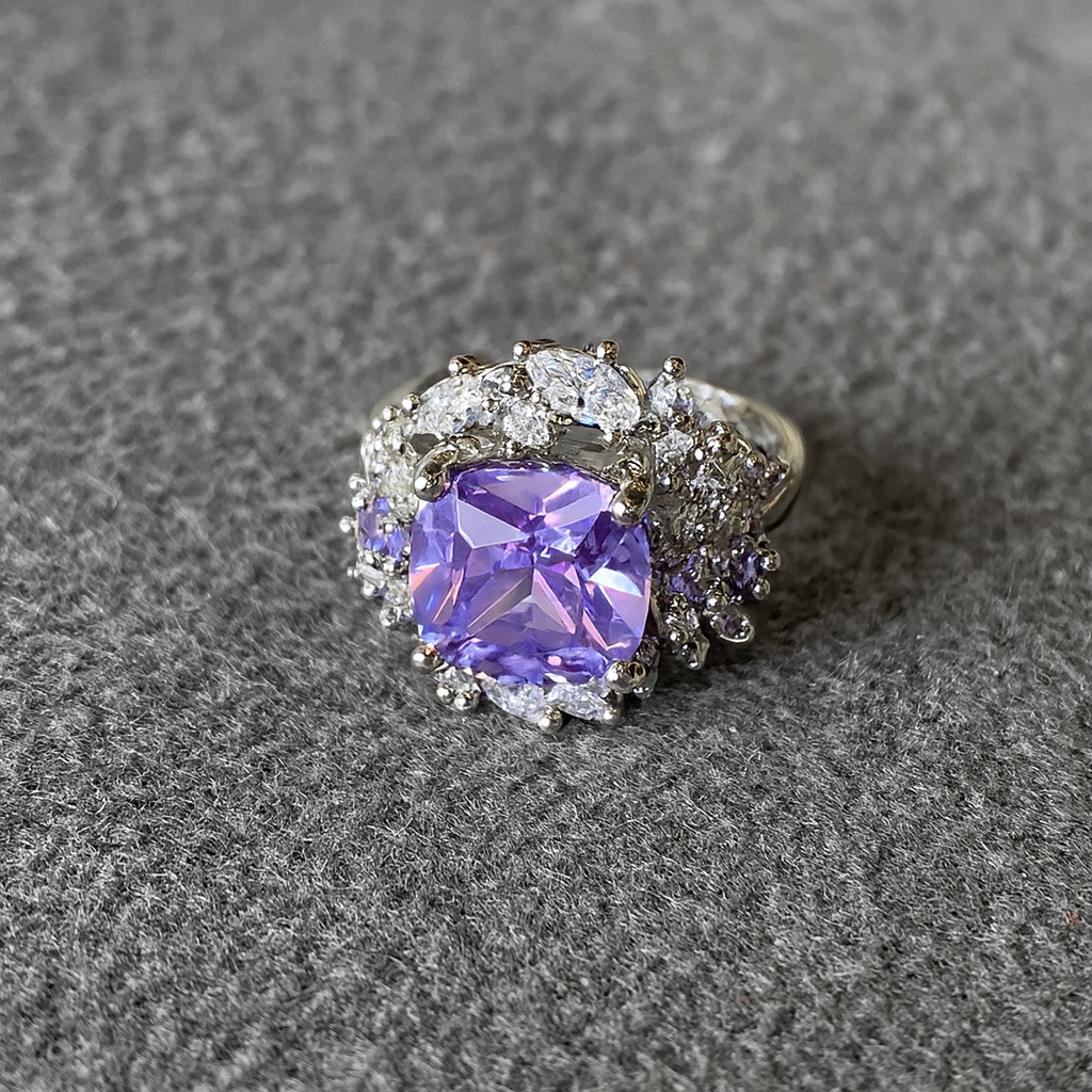 Lilac Zircon Flower Silver Ring-Ruvanya