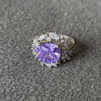 Lilac Zircon Flower Silver Ring-Ruvanya