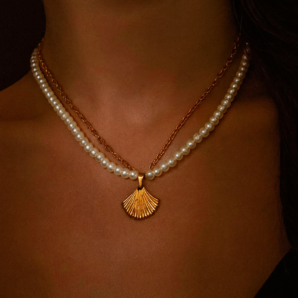 Seashell and Pearl Beaded Necklace-Ruvanya
