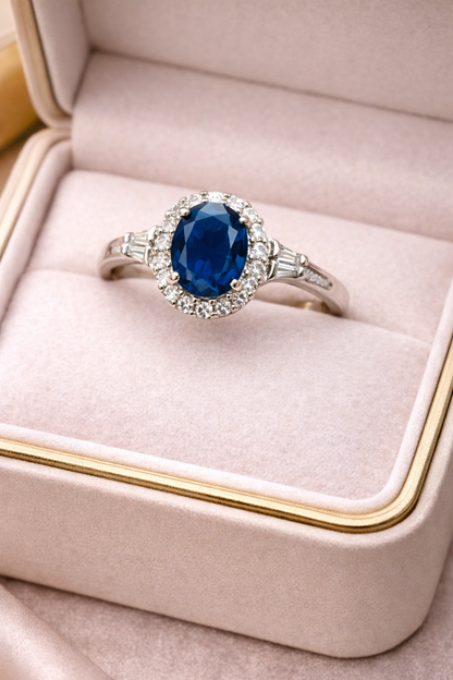 Round Cut Royal Blue Sapphire Halo Ring with Diamond Accents