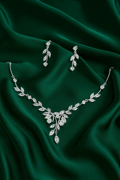 Crystal Leaf Drop Necklace Set-Ruvanya