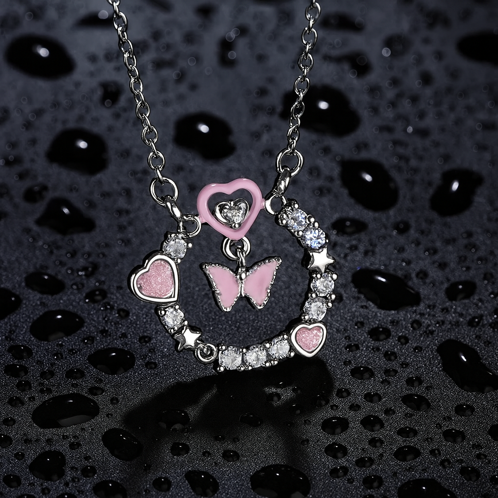 Dainty Pink Heart Butterfly Pendant-Ruvanya