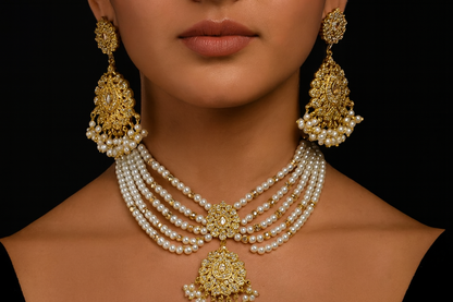 Royal Maharani Pearl Kundan Necklace Set-Ruvanya