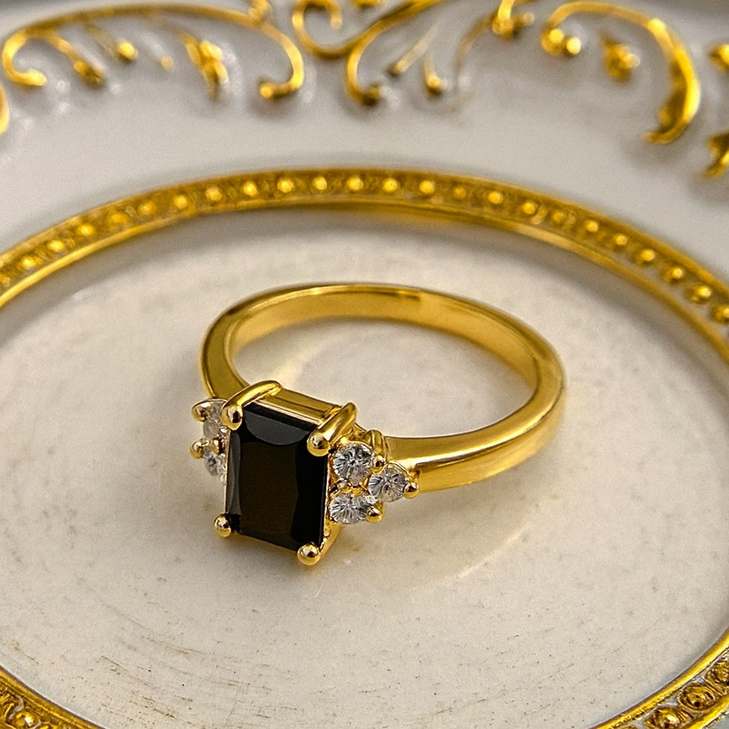 Premium Square Cut Black Zircon Gold Ring-Ruvanya