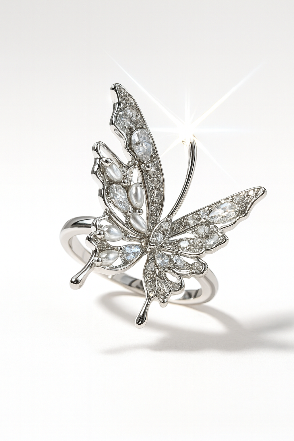 Butterfly Adjustable Silver Ring with Pearls-Ruvanya