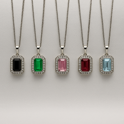 Rectangular Crystal Frame Pendant On Silver Chain