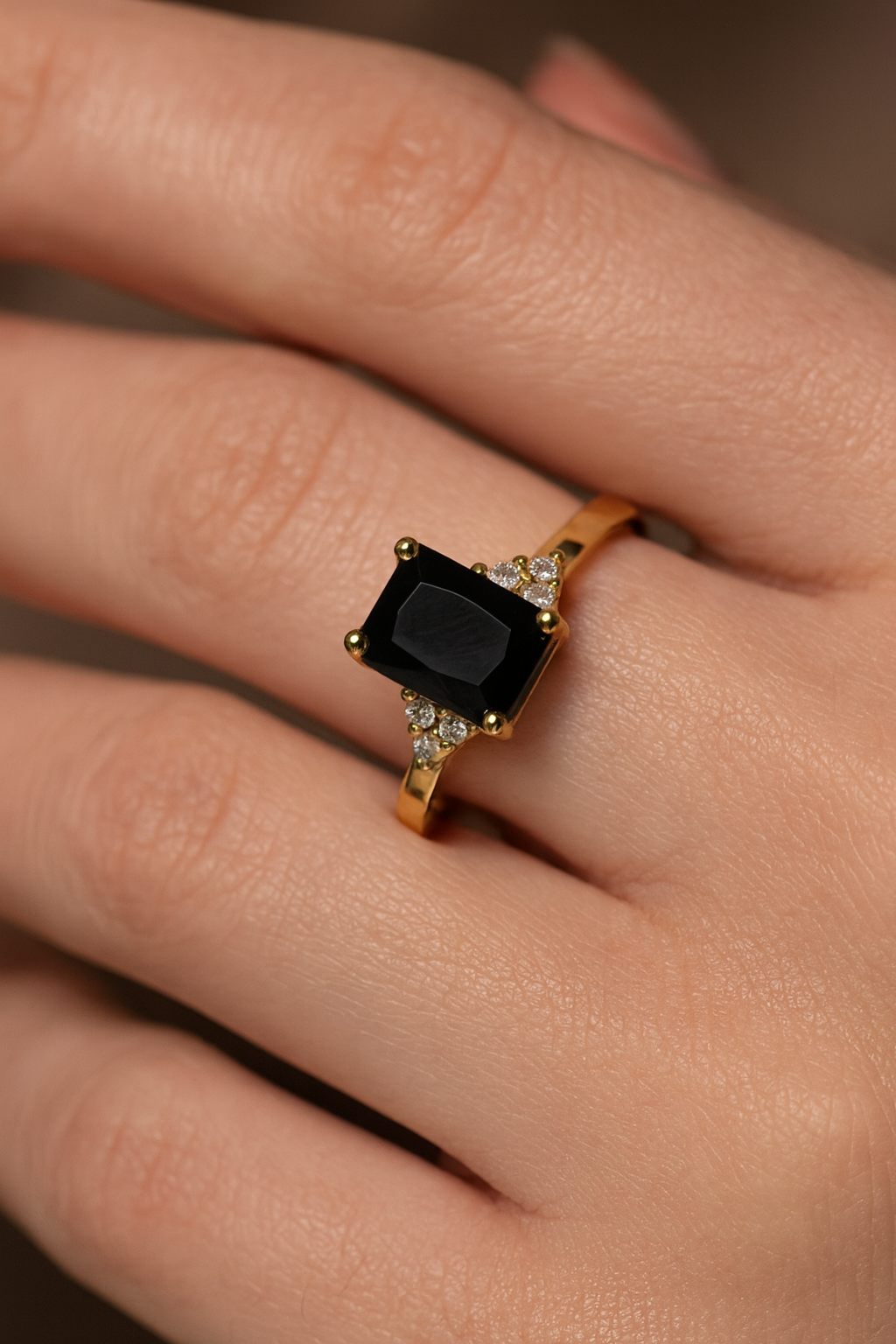 Premium Square Cut Black Zircon Gold Ring-Ruvanya