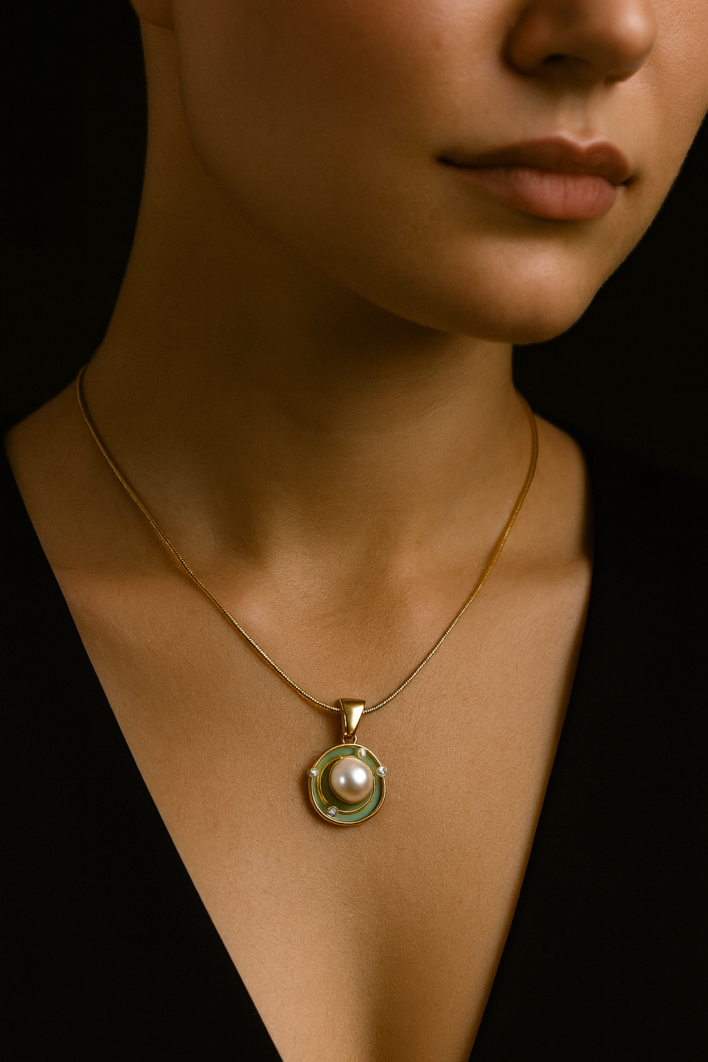 Ocean Pear Green Enamel Orbit Pearl Pendant