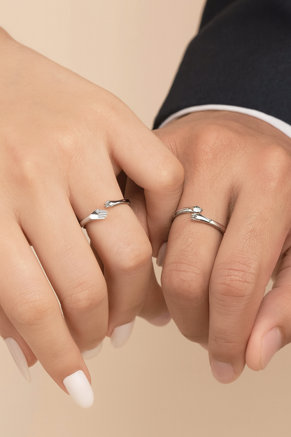 Silver Hug Hands Couple Rings-Ruvanya