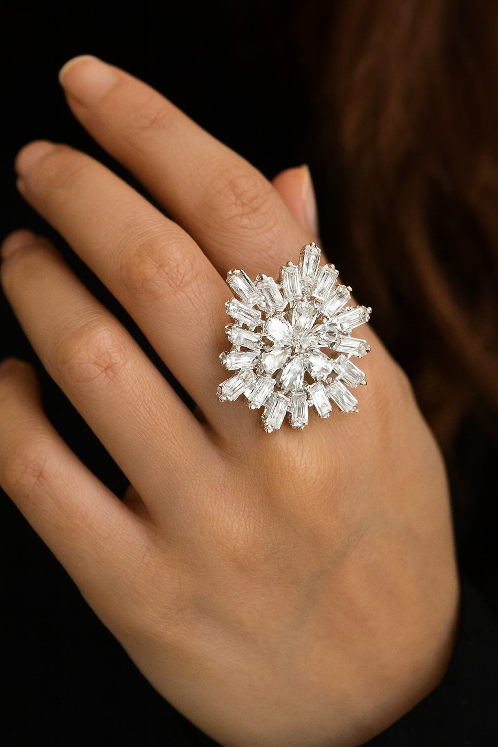 Elegant Floral Zircon Adjustable Silver Ring-Ruvanya