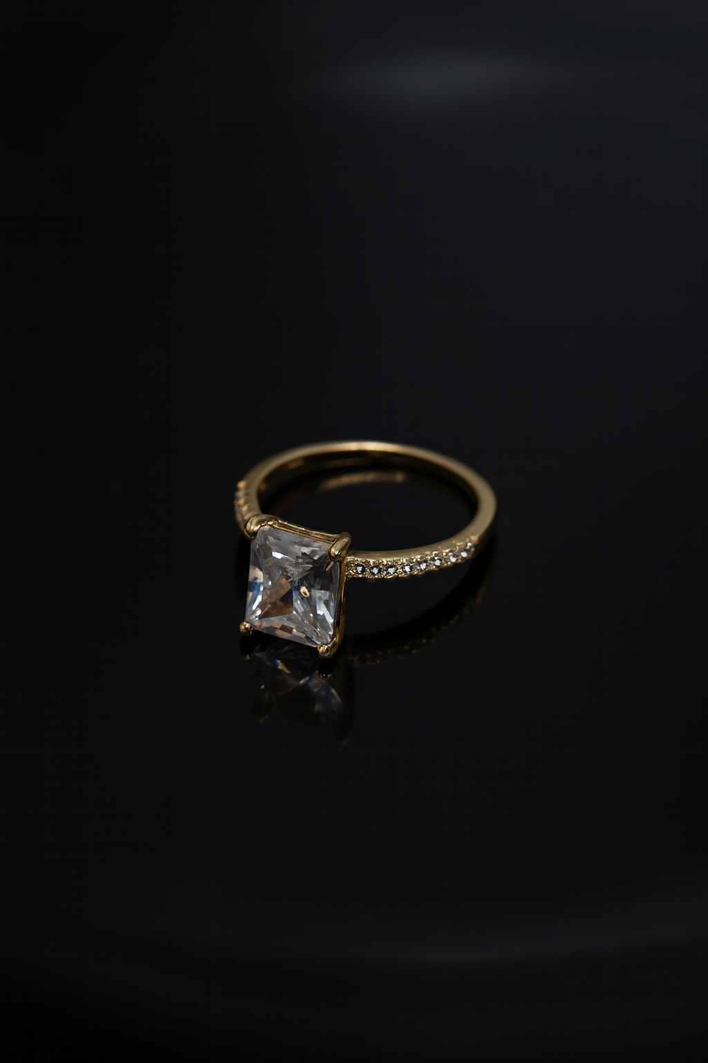 Emerald-Cut Clear Stone Ring with Pave Band