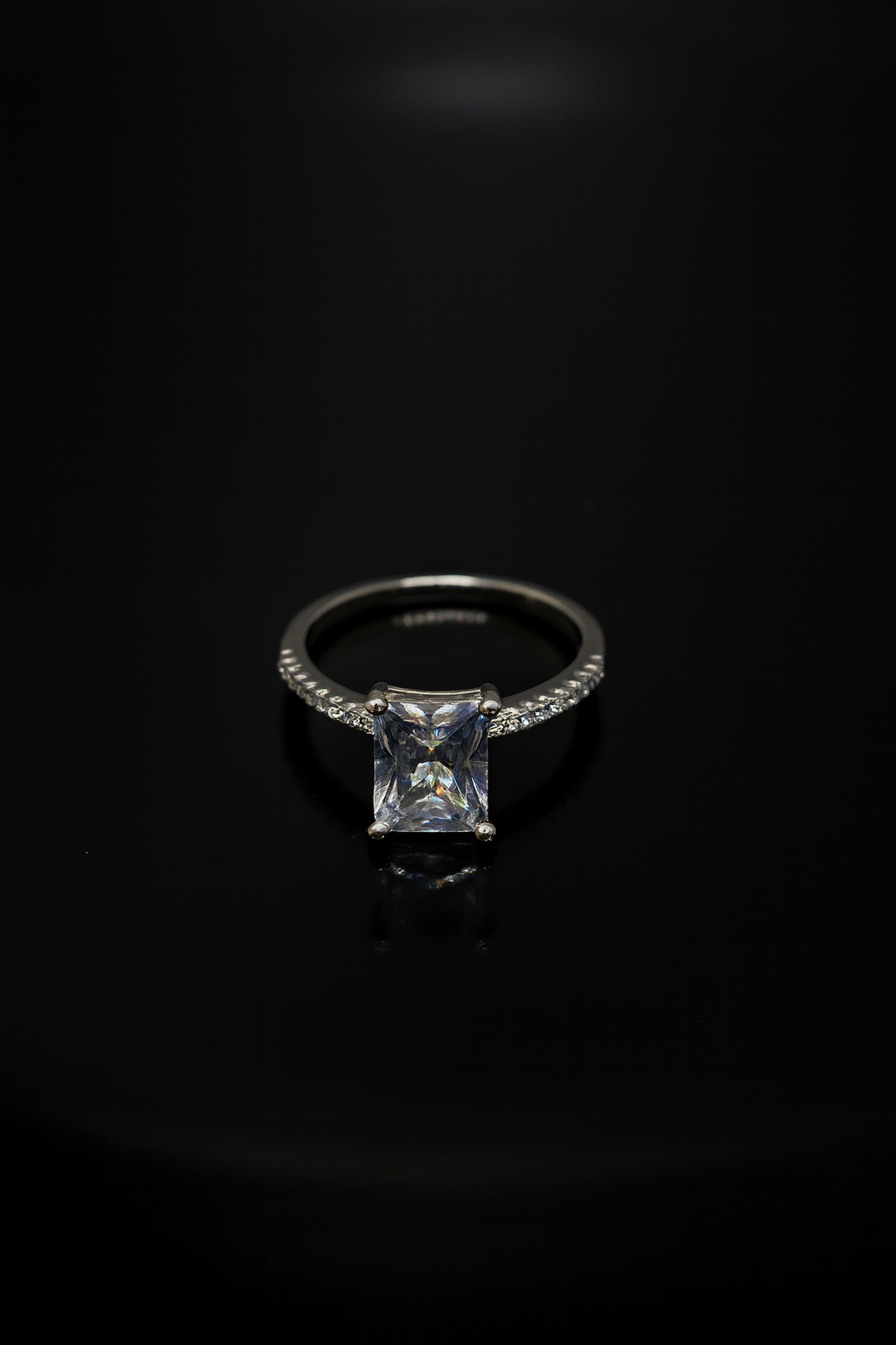 Emerald-Cut Clear Stone Ring with Pave Band