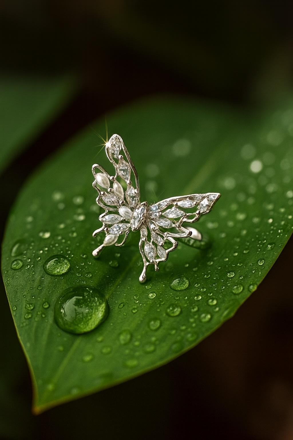 Butterfly Adjustable Silver Ring with Pearls-Ruvanya