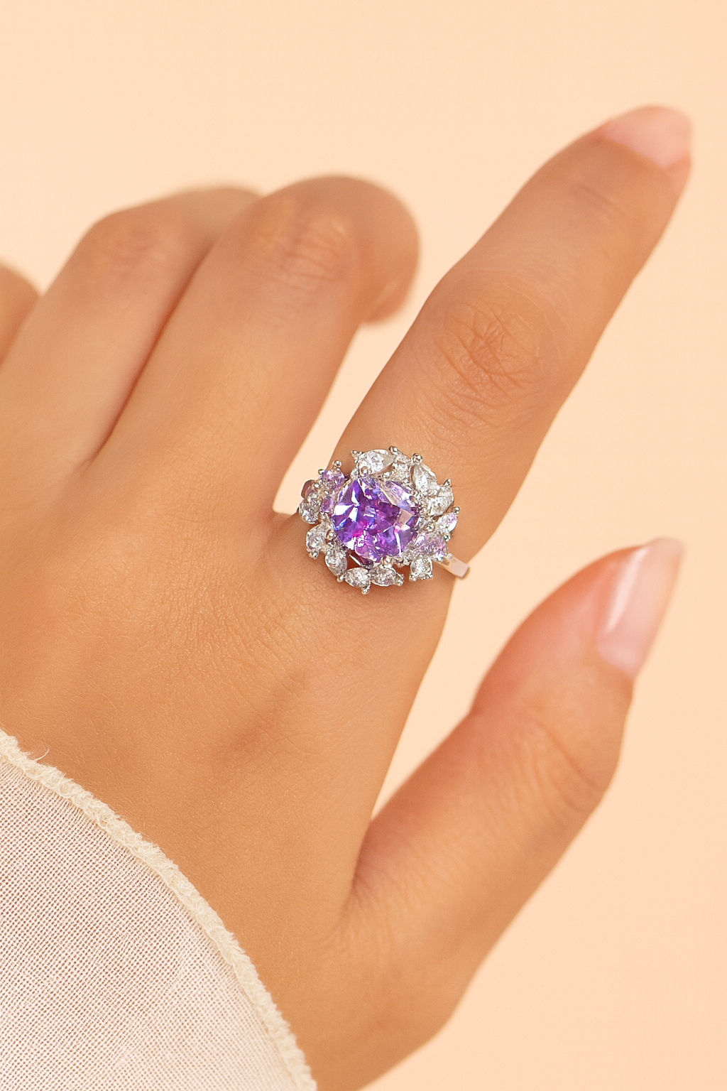 Lilac Zircon Flower Silver Ring-Ruvanya