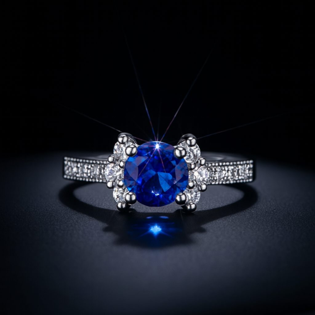 Stylish Silver Circle Blue Zircon Ring-Ruvanya