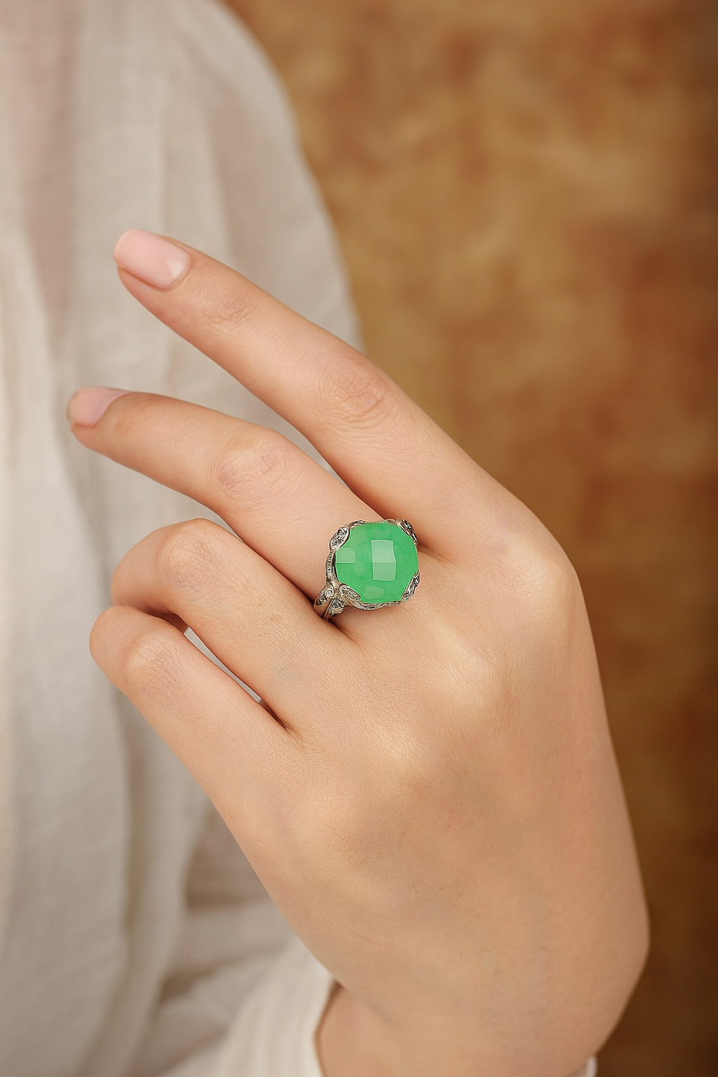 Sparkling Green Cushion Ring for Women-Ruvanya